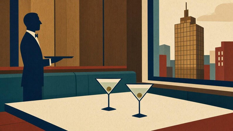 May include: A stylized illustration of a waiter in a dark suit holding a tray, standing near a table with two martini glasses containing olives. A large window in the background displays a city skyline with a tall building under a pale sky.