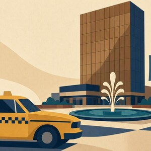 May include: A yellow taxi with a black and white checkered stripe on the side is parked in front of a tall brown office building. A circular blue fountain sprays water in the center of the plaza, accompanied by a row of five colorful flags.