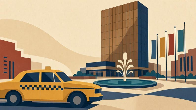 May include: A yellow taxi with a black and white checkered stripe on the side is parked in front of a tall brown office building. A circular blue fountain sprays water in the center of the plaza, accompanied by a row of five colorful flags.