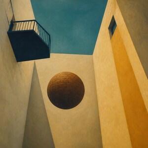 May include: A low-angle view of a large, textured brown sphere suspended between two tall, light-colored buildings. One building features a dark blue balcony with railings, while the other has a vertical yellow panel and a small rectangular window.