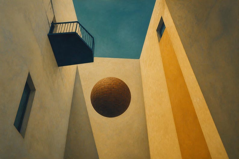 May include: A low-angle view of a large, textured brown sphere suspended between two tall, light-colored buildings. One building features a dark blue balcony with railings, while the other has a vertical yellow panel and a small rectangular window.