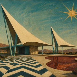 Peut inclure: Une peinture repr&eacute;sentant un b&acirc;timent dot&eacute; de deux grands toits pointus en forme de voile soutenus par des poutres bleues. La sc&egrave;ne comprend une piscine en forme de rein &agrave; l'eau rouge&acirc;tre, un patio &agrave; chevrons noirs et blancs et une &eacute;toile.