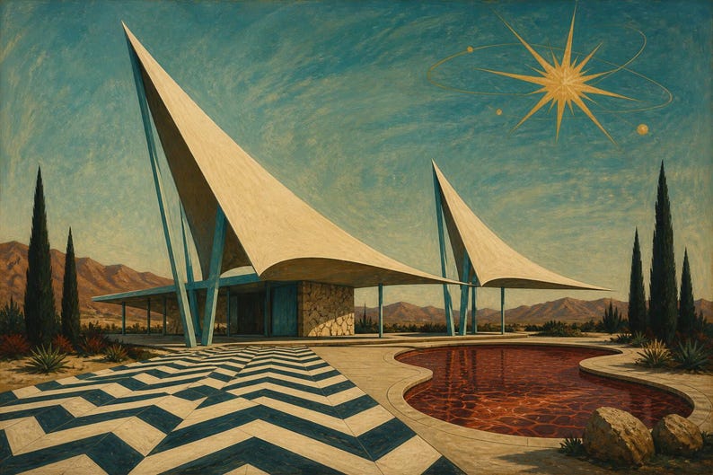 Peut inclure: Une peinture repr&eacute;sentant un b&acirc;timent dot&eacute; de deux grands toits pointus en forme de voile soutenus par des poutres bleues. La sc&egrave;ne comprend une piscine en forme de rein &agrave; l'eau rouge&acirc;tre, un patio &agrave; chevrons noirs et blancs et une &eacute;toile.