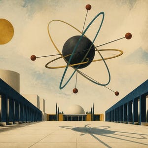 Peut inclure: Une illustration surr&eacute;aliste montrant une grande sph&egrave;re centrale sombre entour&eacute;e d'anneaux orbitaux bleus et dor&eacute;s entrecrois&eacute;s, avec de petites sph&egrave;res rouges au bout de tiges fines, flottant au-dessus d'une place &agrave; colonnades bleues.