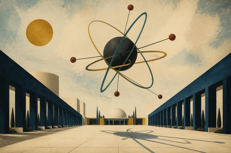 Peut inclure: Une illustration surr&eacute;aliste montrant une grande sph&egrave;re centrale sombre entour&eacute;e d'anneaux orbitaux bleus et dor&eacute;s entrecrois&eacute;s, avec de petites sph&egrave;res rouges au bout de tiges fines, flottant au-dessus d'une place &agrave; colonnades bleues.