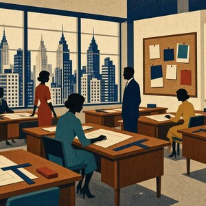May include: An office scene featuring several individuals in business attire working at wooden desks with architectural blueprints and T-squares. A large window overlooks a city skyline with skyscrapers, while a cork board and wall art are visible.