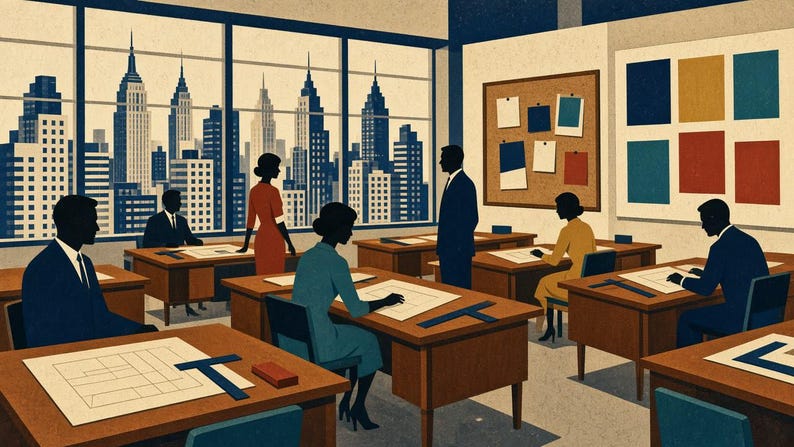 May include: An office scene featuring several individuals in business attire working at wooden desks with architectural blueprints and T-squares. A large window overlooks a city skyline with skyscrapers, while a cork board and wall art are visible.