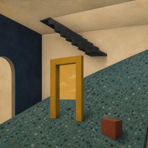 May include: A surreal painting depicting an interior space with a dark blue wall, a beige ceiling, and a floating black staircase. A yellow rectangular frame stands on a teal terrazzo-patterned ramp, next to a small red cube and an arched doorway.