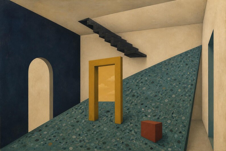 May include: A surreal painting depicting an interior space with a dark blue wall, a beige ceiling, and a floating black staircase. A yellow rectangular frame stands on a teal terrazzo-patterned ramp, next to a small red cube and an arched doorway.