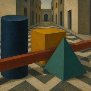 May include: A painting depicting a dark blue cylinder, a yellow cube, a teal pyramid, and a long red rectangular prism arranged on a floor with a black and white chevron pattern, set against a backdrop of buildings lining a street.