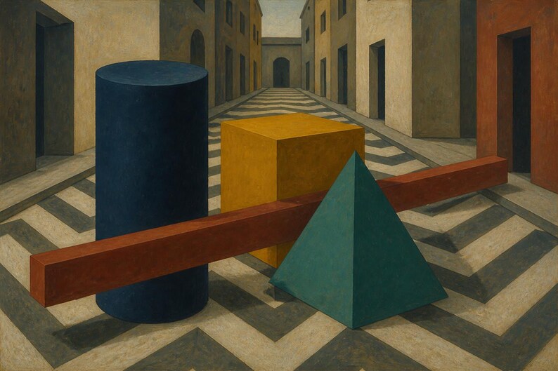 May include: A painting depicting a dark blue cylinder, a yellow cube, a teal pyramid, and a long red rectangular prism arranged on a floor with a black and white chevron pattern, set against a backdrop of buildings lining a street.