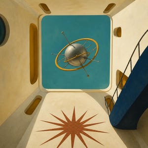 Peut inclure: Une peinture surr&eacute;aliste repr&eacute;sentant un espace int&eacute;rieur cr&egrave;me avec un escalier bleu et une fen&ecirc;tre circulaire. Une sph&egrave;re m&eacute;tallique avec des anneaux dor&eacute;s flotte au centre sur un ciel bleu vif visible par une grande ouverture rectangulaire.