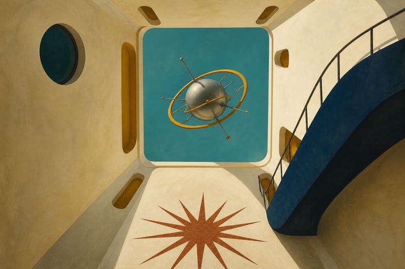 Peut inclure: Une peinture surr&eacute;aliste repr&eacute;sentant un espace int&eacute;rieur cr&egrave;me avec un escalier bleu et une fen&ecirc;tre circulaire. Une sph&egrave;re m&eacute;tallique avec des anneaux dor&eacute;s flotte au centre sur un ciel bleu vif visible par une grande ouverture rectangulaire.