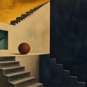 May include: A surreal architectural painting featuring a textured red sphere resting on a platform. The scene includes multiple staircases, a square window revealing a blue interior with stairs, and a large black wall against a golden sky.