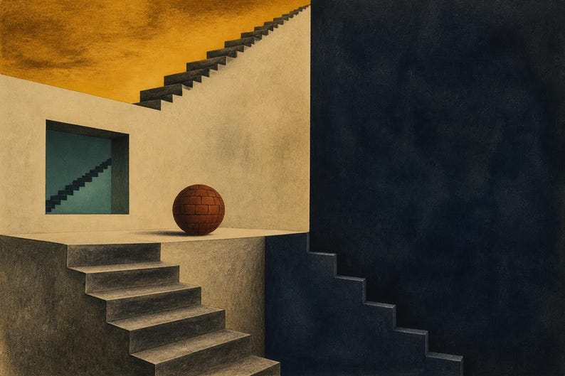 May include: A surreal architectural painting featuring a textured red sphere resting on a platform. The scene includes multiple staircases, a square window revealing a blue interior with stairs, and a large black wall against a golden sky.