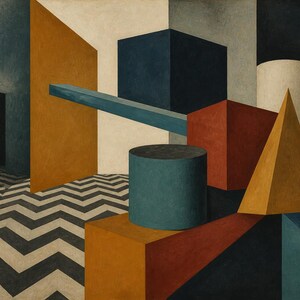 May include: An oil painting featuring a geometric composition of cubes, cylinders, and a pyramid in shades of blue, orange, red, and cream. The scene is set against a floor with a black and white chevron pattern, creating a sense of depth.