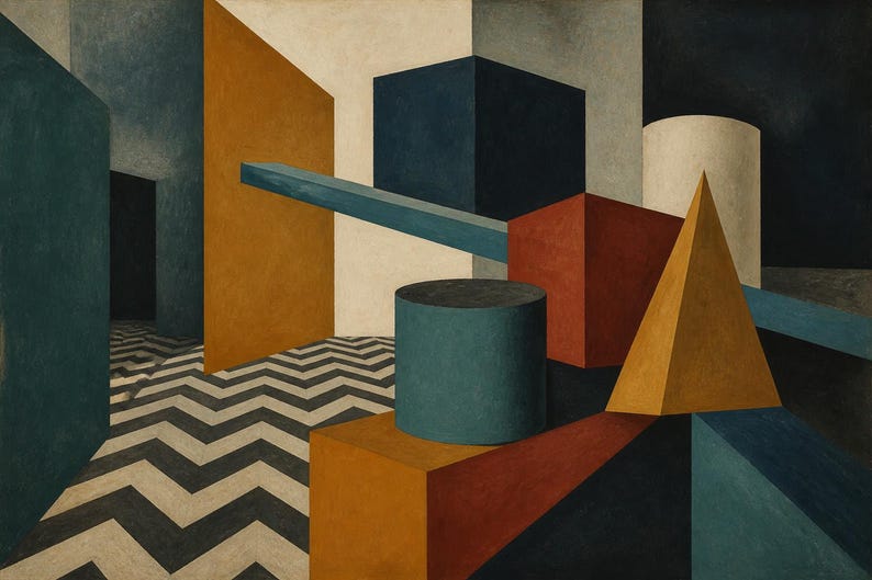 May include: An oil painting featuring a geometric composition of cubes, cylinders, and a pyramid in shades of blue, orange, red, and cream. The scene is set against a floor with a black and white chevron pattern, creating a sense of depth.