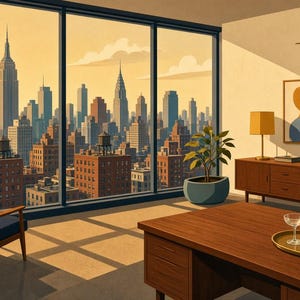May include: A high-rise office interior featuring a dark blue armchair, a wooden desk with a glass bottle and two glasses on a gold tray, a wooden sideboard with two lamps, a wall clock, and a potted plant, overlooking a New York City skyline.