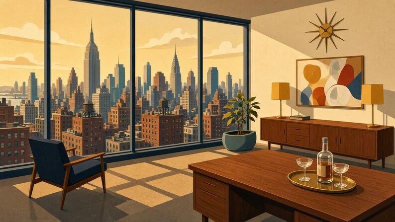 May include: A high-rise office interior featuring a dark blue armchair, a wooden desk with a glass bottle and two glasses on a gold tray, a wooden sideboard with two lamps, a wall clock, and a potted plant, overlooking a New York City skyline.