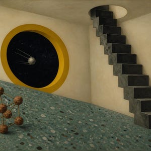 Peut inclure: Une peinture surr&eacute;aliste avec un sol en terrazzo bleu-vert inclin&eacute;, un escalier sombre menant &agrave; une ouverture circulaire au plafond et une fen&ecirc;tre ronde &agrave; cadre jaune montrant un satellite dans l'espace. Un mod&egrave;le mol&eacute;culaire brun est pos&eacute; au sol.