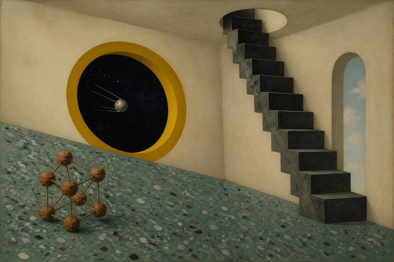 Peut inclure: Une peinture surr&eacute;aliste avec un sol en terrazzo bleu-vert inclin&eacute;, un escalier sombre menant &agrave; une ouverture circulaire au plafond et une fen&ecirc;tre ronde &agrave; cadre jaune montrant un satellite dans l'espace. Un mod&egrave;le mol&eacute;culaire brun est pos&eacute; au sol.
