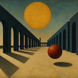 May include: A painting depicting a long corridor with dark blue arches on both sides, a large yellow circular sun in the sky, and a single red sphere floating above a light tan ground, casting a dark circular shadow directly beneath it.