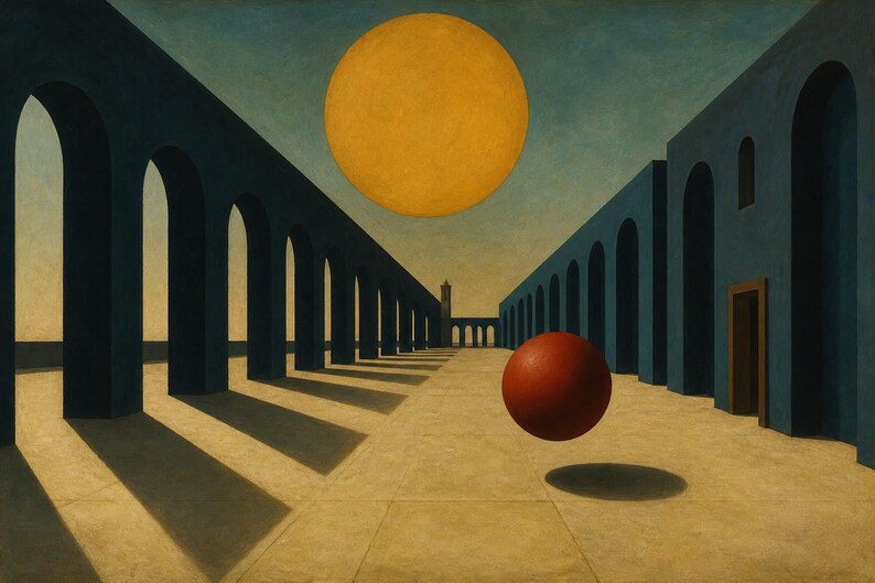 May include: A painting depicting a long corridor with dark blue arches on both sides, a large yellow circular sun in the sky, and a single red sphere floating above a light tan ground, casting a dark circular shadow directly beneath it.
