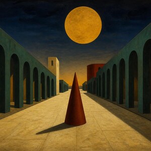 May include: A painting depicting a central dark red cone standing on a light-colored stone plaza. Flanking the plaza are two rows of teal-colored architectural arches. A large, bright yellow circular moon hangs in a dark blue night sky.
