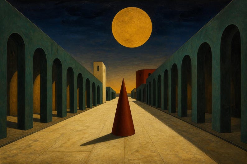 May include: A painting depicting a central dark red cone standing on a light-colored stone plaza. Flanking the plaza are two rows of teal-colored architectural arches. A large, bright yellow circular moon hangs in a dark blue night sky.