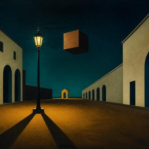 May include: A surreal painting depicting a dark, empty street at night with beige buildings featuring arched doorways on both sides. A tall, black street lamp casts a bright yellow glow on the ground, while a large, floating brown cube hovers in the sky.