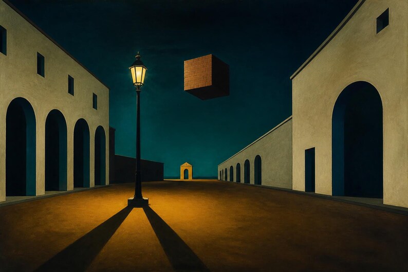 May include: A surreal painting depicting a dark, empty street at night with beige buildings featuring arched doorways on both sides. A tall, black street lamp casts a bright yellow glow on the ground, while a large, floating brown cube hovers in the sky.