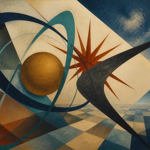 Peut inclure: Une peinture surr&eacute;aliste repr&eacute;sentant une sph&egrave;re dor&eacute;e entour&eacute;e d'anneaux orbitaux bleus, une forme d'&eacute;toile rouge et une forme sombre en boomerang. La composition est plac&eacute;e sur un sol en damier et un ciel avec une lune, utilisant des formes g&eacute;om&eacute;triques.