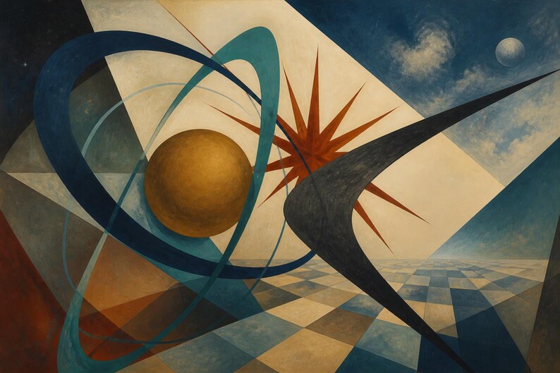Peut inclure: Une peinture surr&eacute;aliste repr&eacute;sentant une sph&egrave;re dor&eacute;e entour&eacute;e d'anneaux orbitaux bleus, une forme d'&eacute;toile rouge et une forme sombre en boomerang. La composition est plac&eacute;e sur un sol en damier et un ciel avec une lune, utilisant des formes g&eacute;om&eacute;triques.