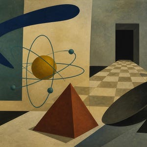 Peut inclure: Une peinture surr&eacute;aliste repr&eacute;sentant une sph&egrave;re jaune entour&eacute;e d'anneaux orbitaux bleu sarcelle, une forme de boomerang bleu fonc&eacute;, une pyramide rouge et une parabole noire. La sc&egrave;ne inclut un sol en damier menant &agrave; une porte sombre sur fond neutre.