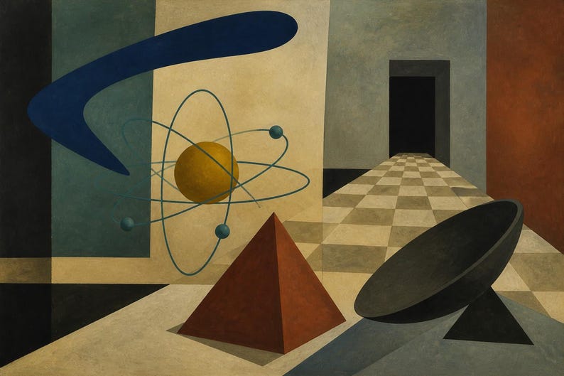 Peut inclure: Une peinture surr&eacute;aliste repr&eacute;sentant une sph&egrave;re jaune entour&eacute;e d'anneaux orbitaux bleu sarcelle, une forme de boomerang bleu fonc&eacute;, une pyramide rouge et une parabole noire. La sc&egrave;ne inclut un sol en damier menant &agrave; une porte sombre sur fond neutre.