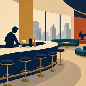 May include: A stylized illustration of a lounge featuring a curved dark blue bar with five matching stools, a bartender, and glassware. The space includes teal curved seating areas, small tables, and a distant stage with a musical trio.