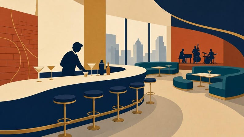 May include: A stylized illustration of a lounge featuring a curved dark blue bar with five matching stools, a bartender, and glassware. The space includes teal curved seating areas, small tables, and a distant stage with a musical trio.