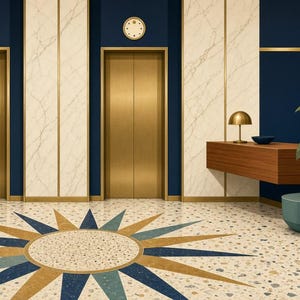 May include: A lobby interior featuring two gold elevator doors set against dark blue walls and white marble panels. A floating wooden desk holds a small lamp and bowl, while a green plant sits in a curved teal planter on a terrazzo floor with a sunburst pattern.