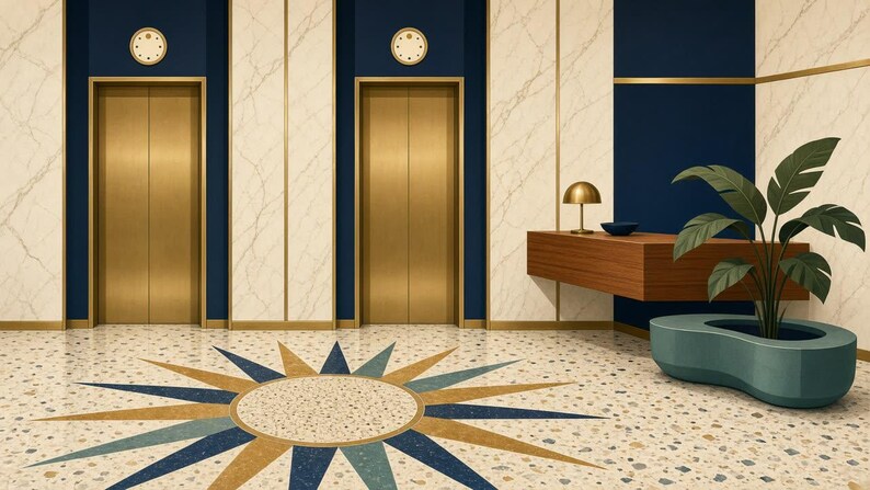 May include: A lobby interior featuring two gold elevator doors set against dark blue walls and white marble panels. A floating wooden desk holds a small lamp and bowl, while a green plant sits in a curved teal planter on a terrazzo floor with a sunburst pattern.