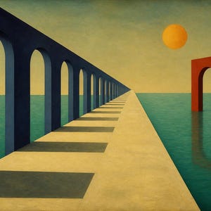 May include: A surreal painting featuring a long, beige stone walkway extending into a calm turquoise sea. A series of dark blue arches lines the left side, casting long shadows. A single red arch stands in the water, and a yellow sun hangs in the sky.