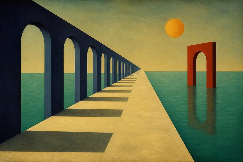 May include: A surreal painting featuring a long, beige stone walkway extending into a calm turquoise sea. A series of dark blue arches lines the left side, casting long shadows. A single red arch stands in the water, and a yellow sun hangs in the sky.