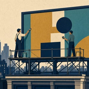 May include: Two individuals on a metal scaffolding platform paint a large billboard featuring a geometric design of mustard yellow, teal, and dark blue shapes. The scene is set against a city skyline with water towers and brick chimneys.