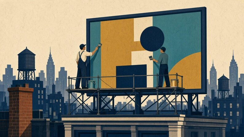 May include: Two individuals on a metal scaffolding platform paint a large billboard featuring a geometric design of mustard yellow, teal, and dark blue shapes. The scene is set against a city skyline with water towers and brick chimneys.