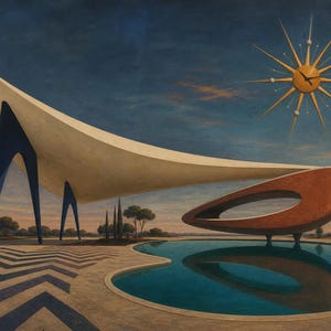 Peut inclure: Une peinture repr&eacute;sentant une piscine au bassin en forme de rein, une grande structure de toit incurv&eacute;e couleur cr&egrave;me soutenue par des piliers bleus, un &eacute;l&eacute;ment architectural ovale marron et une horloge murale soleil sur un ciel bleu fonc&eacute;.