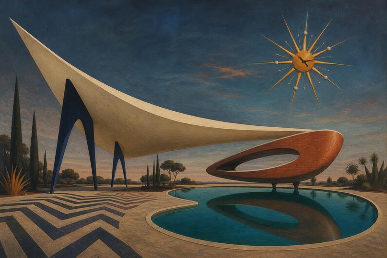 Peut inclure: Une peinture repr&eacute;sentant une piscine au bassin en forme de rein, une grande structure de toit incurv&eacute;e couleur cr&egrave;me soutenue par des piliers bleus, un &eacute;l&eacute;ment architectural ovale marron et une horloge murale soleil sur un ciel bleu fonc&eacute;.