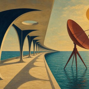 Peut inclure: Une peinture surr&eacute;aliste repr&eacute;sentant une longue jet&eacute;e incurv&eacute;e avec des supports arqu&eacute;s bleu fonc&eacute; s'&eacute;tendant sur une mer calme. &Agrave; droite, une grande antenne parabolique orange rouge&acirc;tre repose sur un tr&eacute;pied dans l'eau sous un soleil dor&eacute;.