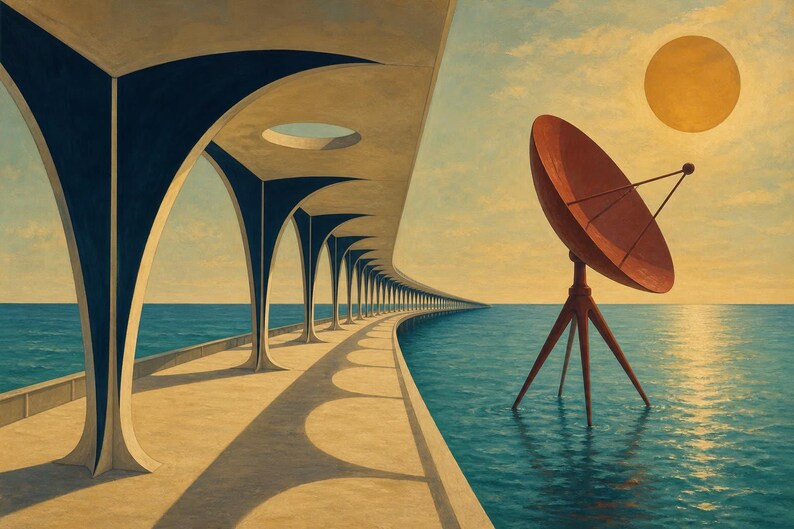 Peut inclure: Une peinture surr&eacute;aliste repr&eacute;sentant une longue jet&eacute;e incurv&eacute;e avec des supports arqu&eacute;s bleu fonc&eacute; s'&eacute;tendant sur une mer calme. &Agrave; droite, une grande antenne parabolique orange rouge&acirc;tre repose sur un tr&eacute;pied dans l'eau sous un soleil dor&eacute;.