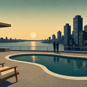 May include: A terrace featuring a kidney-shaped swimming pool and two wooden lounge chairs with cream cushions. In the background, a city skyline with tall buildings stands along a body of water under a pale yellow sunset sky with two figures.