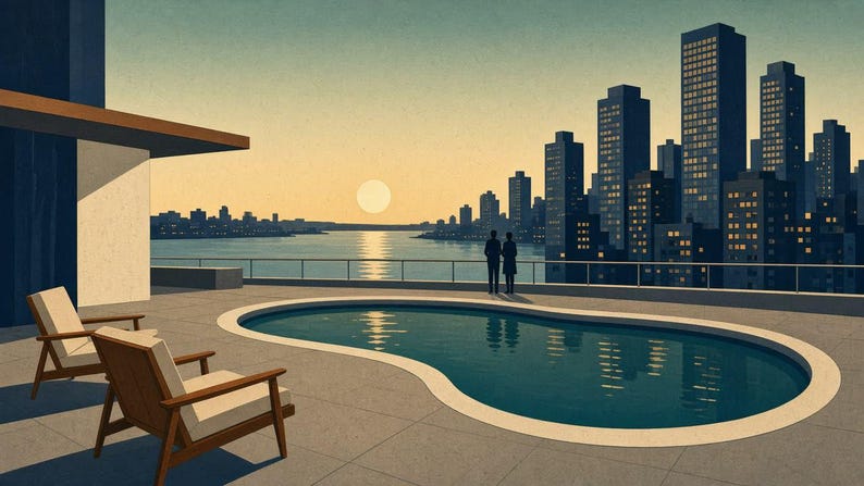 May include: A terrace featuring a kidney-shaped swimming pool and two wooden lounge chairs with cream cushions. In the background, a city skyline with tall buildings stands along a body of water under a pale yellow sunset sky with two figures.