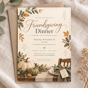 Może przedstawiać: Zaproszenie na kolację Friendsgiving z akwarelowymi ilustracjami jesiennych liści, jagód i dyń. Tekst brzmi: You're invited to a Friendsgiving Dinner, Saturday, November 14, 6:00 PM, 123 Maple Lane, Sacramento, CA.